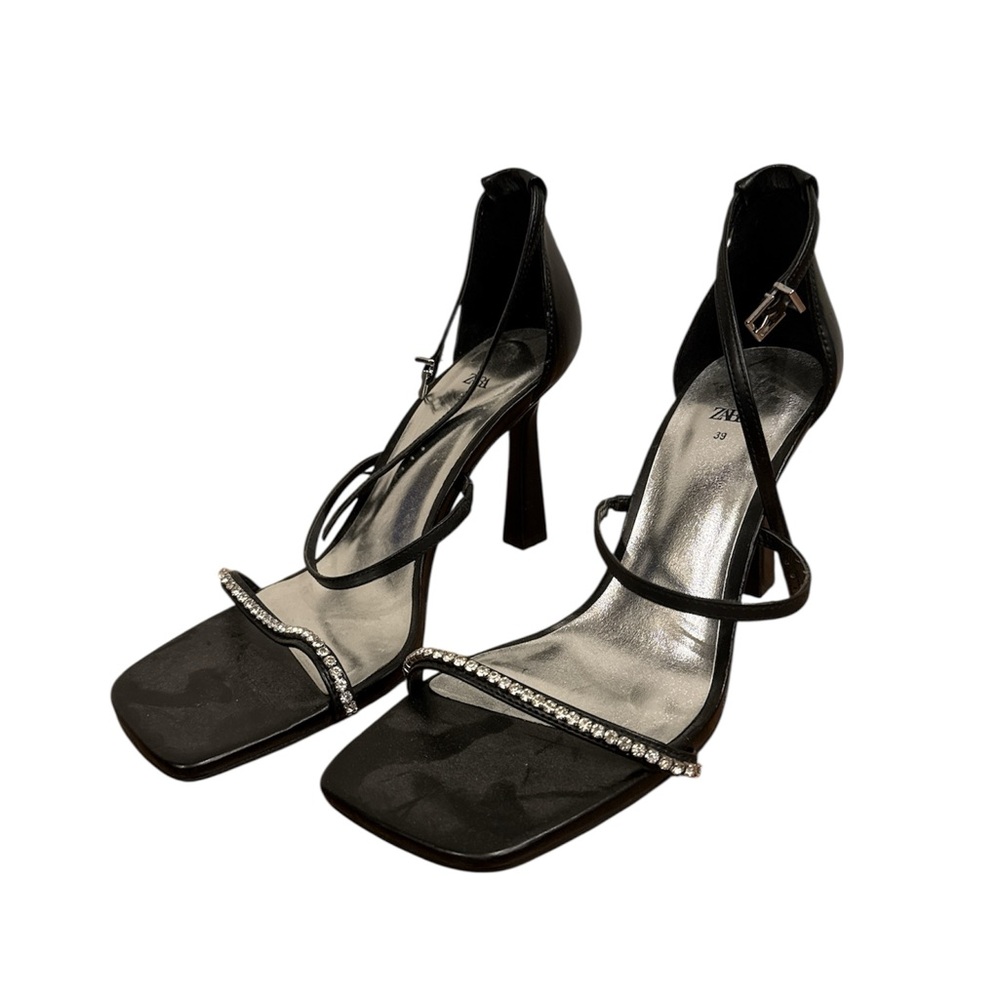 Zara Black Strappy Heels with Rhinestone Detail
